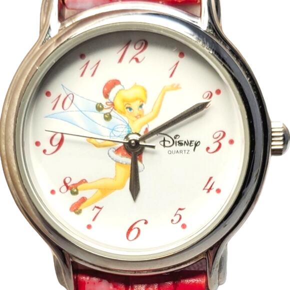 Disney Tinker Bell Holiday Quartz Watch Silver Red Leather - Picture 1 of 14